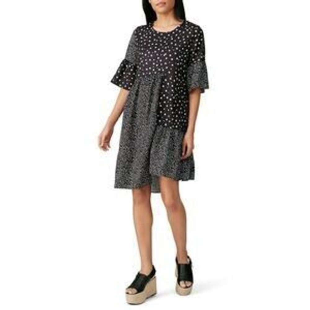 CAARA Black Polka Dot Print Tiered Dress Flounce Short‎ Sleeve Size Small